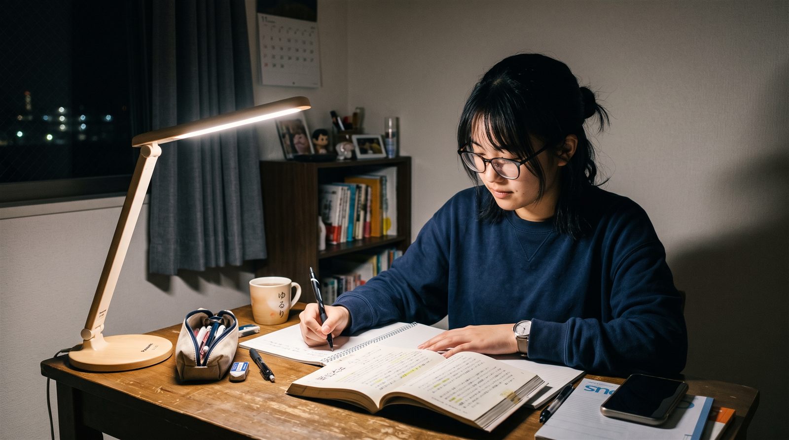 夜の自室の机で、デスクライトの下、高校生が教科書を開いてノートに書き込んでいる