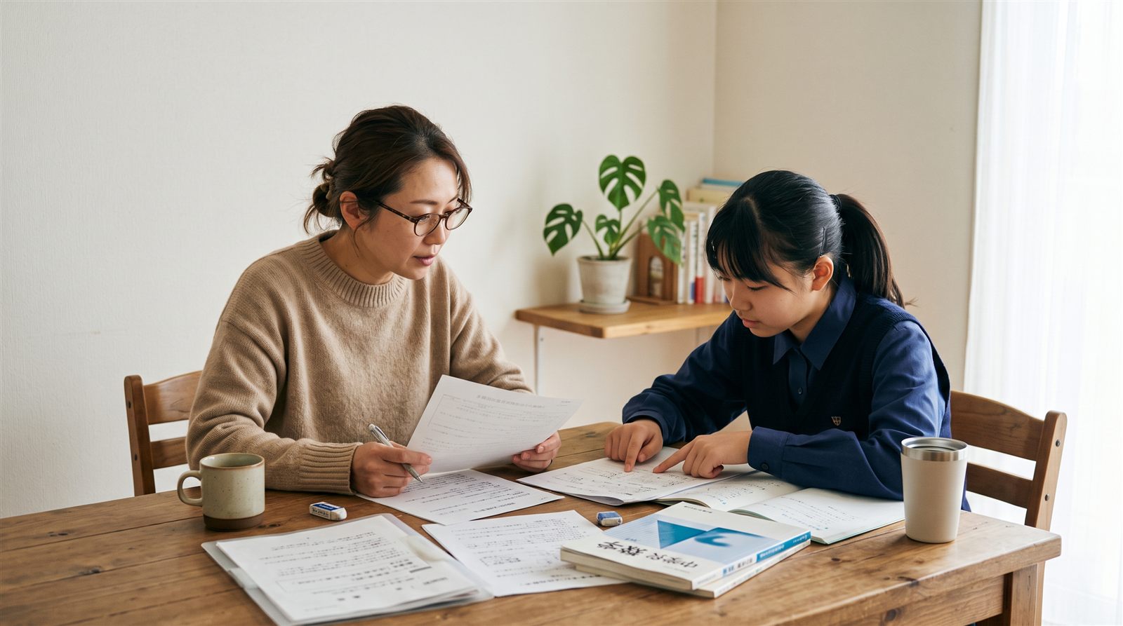 ダイニングテーブルに募集要項の書類とノートを広げ、母親と中学生の娘が並んで読み比べている