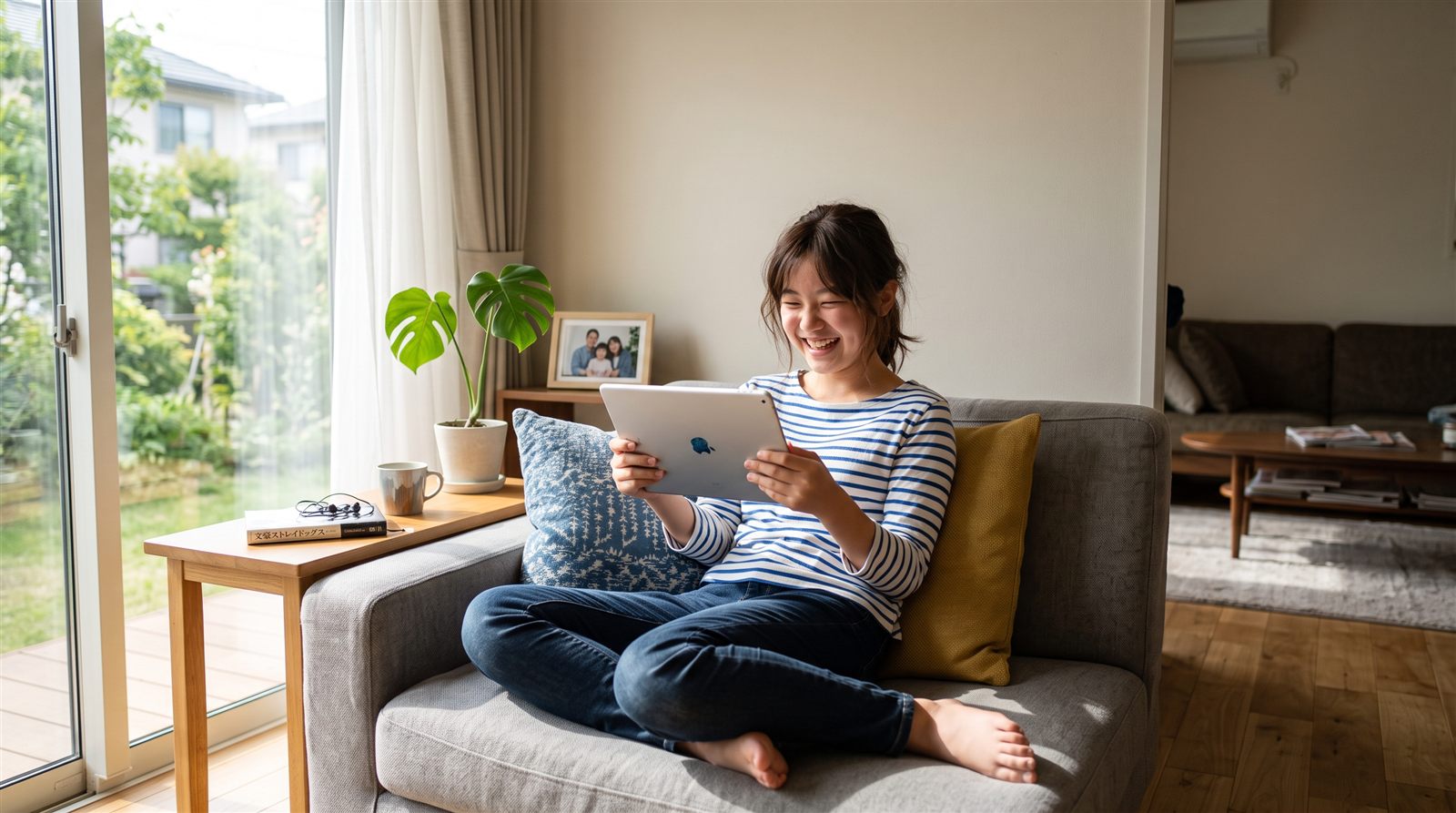 窓から光の入るリビングのソファで、中学生の女の子がタブレットを持って画面を見ながら笑っている