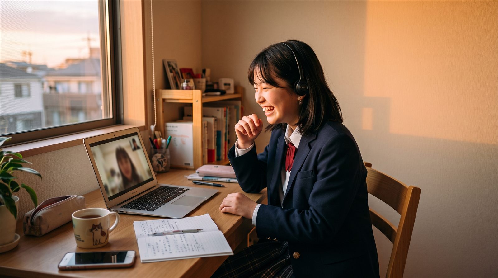 夕暮れの窓際の机で、制服姿の中学生がヘッドセットをつけノートパソコンの画面越しに話して笑っている