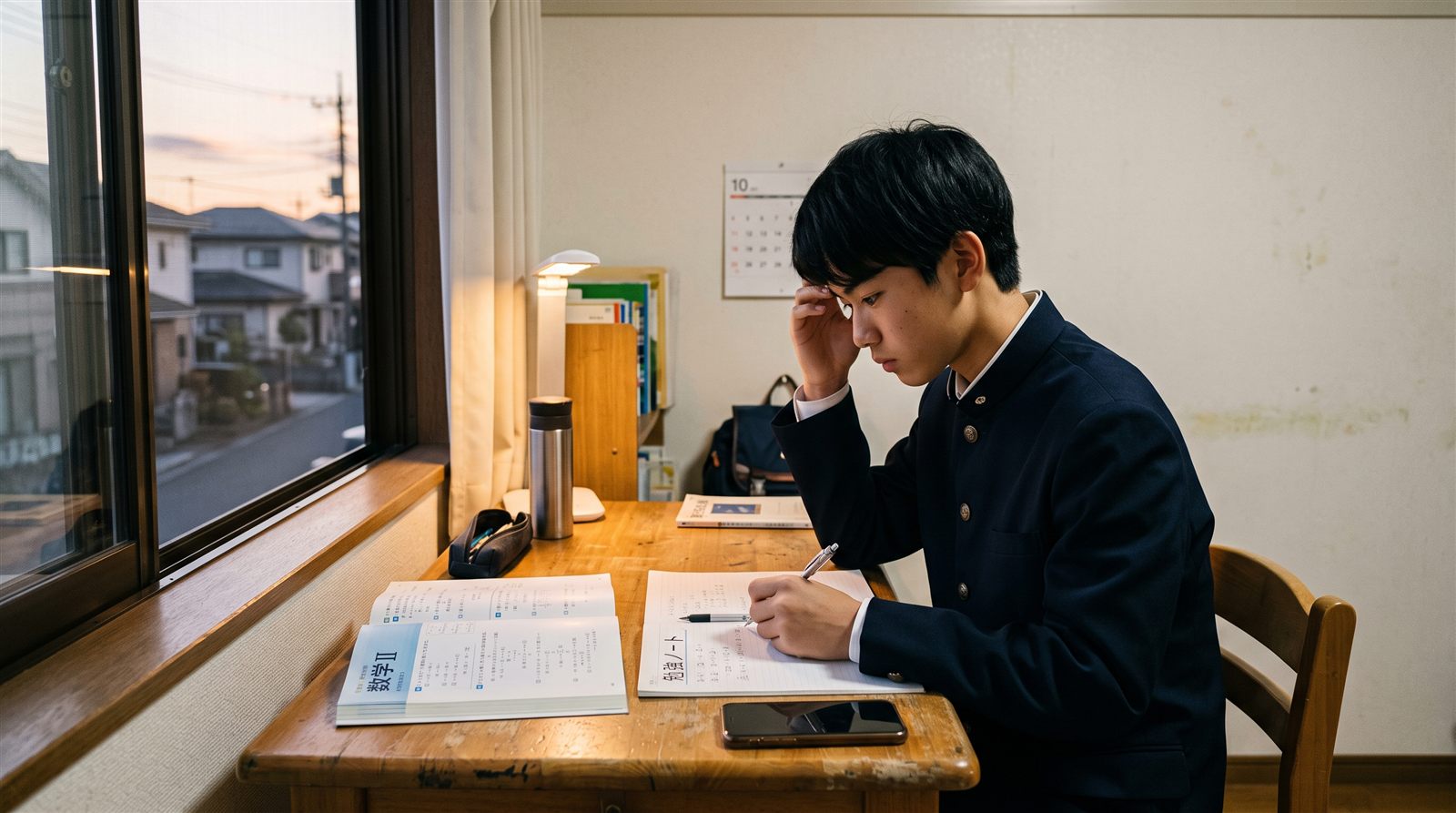 帰国後、日本の自宅の窓際の机で、制服の高校生が夕方に机に向かっている