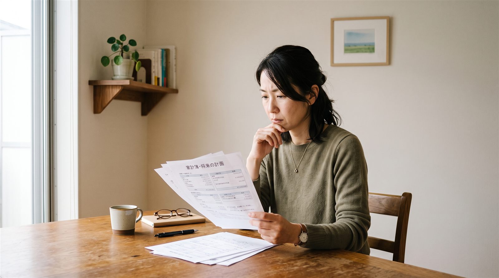 自宅のテーブルで、母親が数枚の書類を手に持って読んでいる