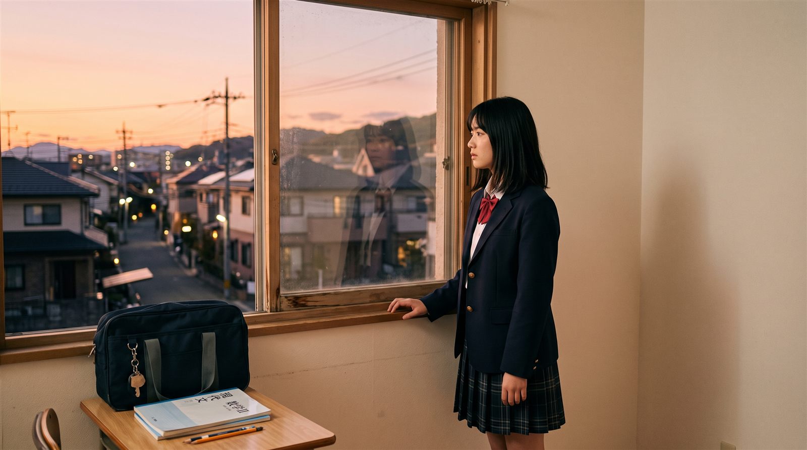 夕暮れの窓辺に、制服姿の高校生が立って外を見ている