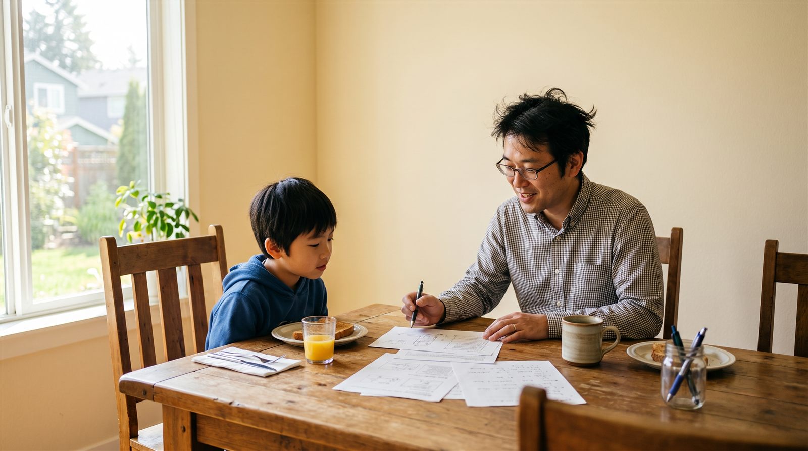 朝、海外の自宅のダイニングテーブルで、父親と小学生の息子が紙の書類を広げて話している