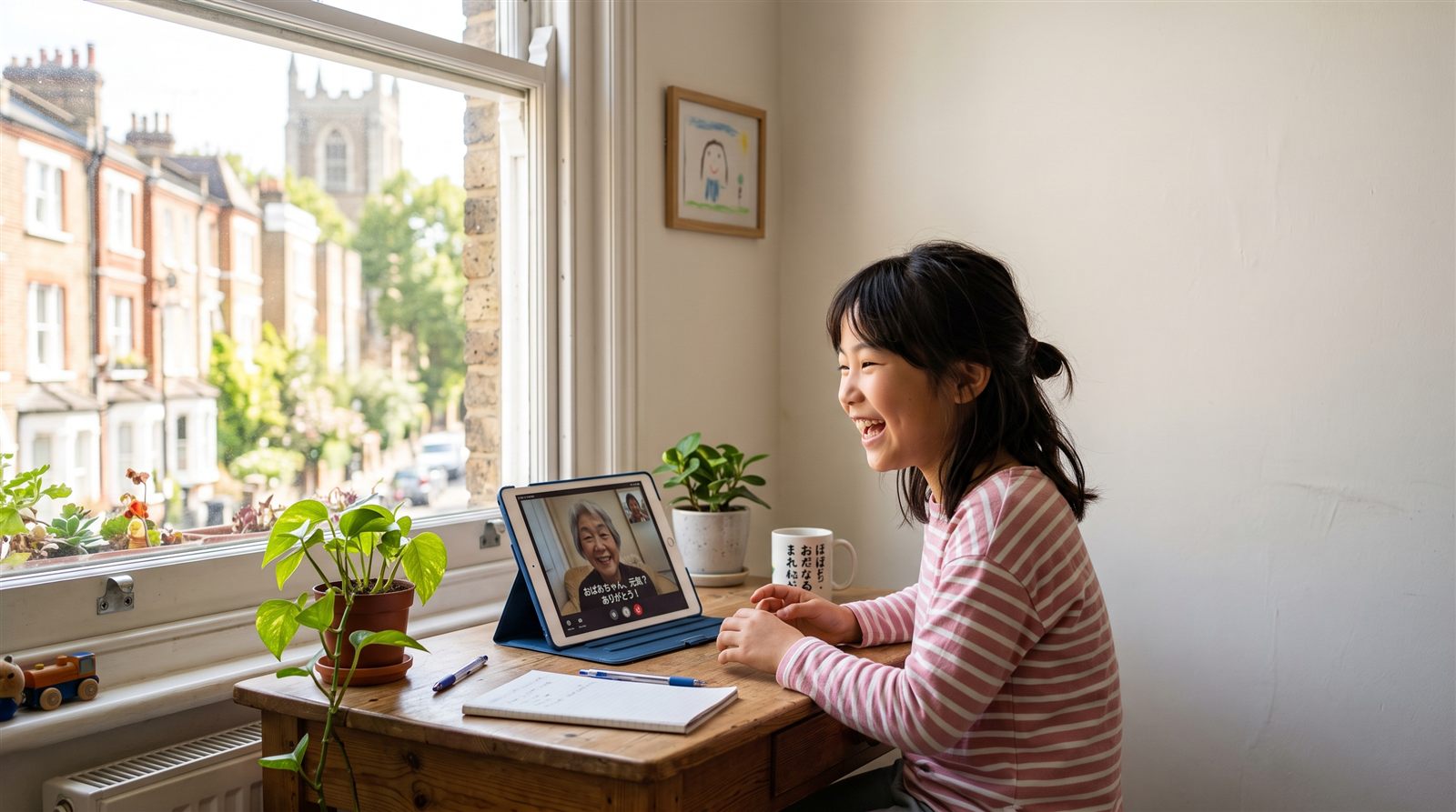 海外の自宅の窓辺の机で、小学生の女の子が立てたタブレットの画面に向かって笑顔で話している