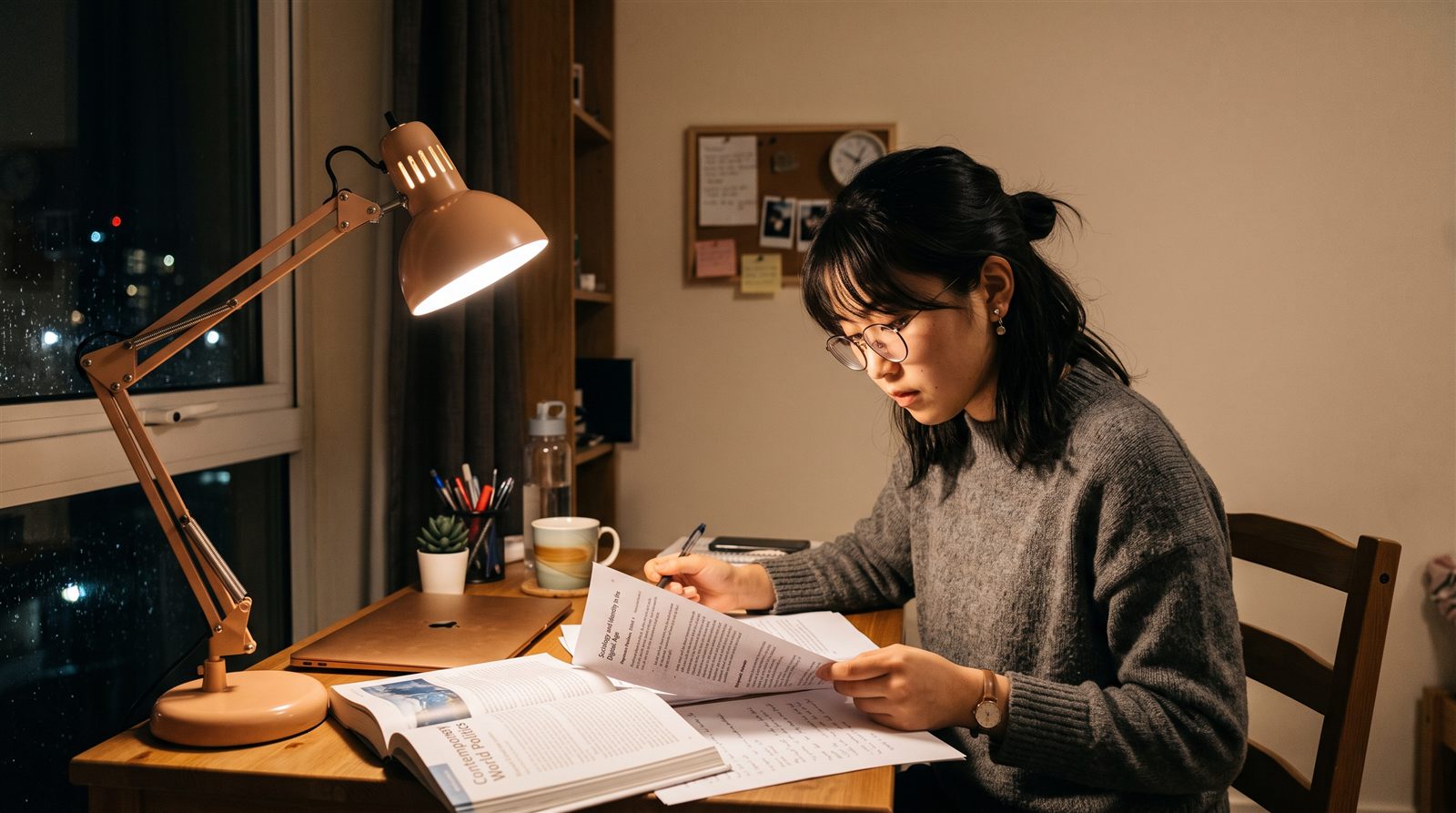 夜、海外の自宅の自室で、デスクライトの下、高校生の女子が大学の入試要項の書類と参考書を読んでいる