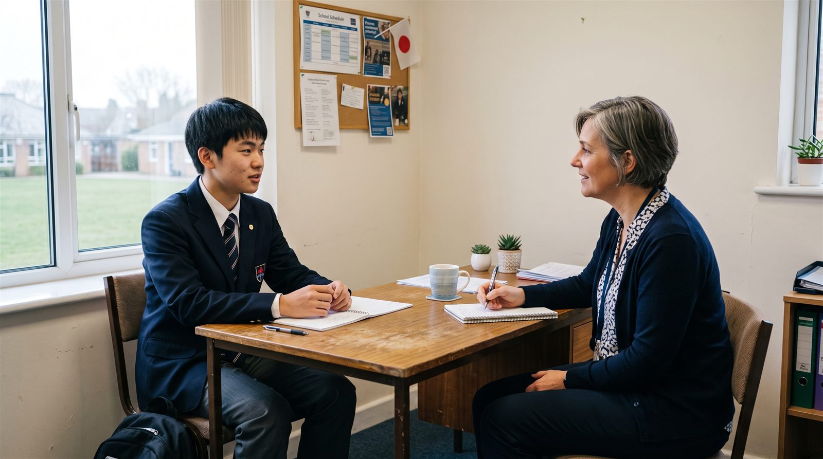 海外の学校の面談室で、制服の男子生徒が教員と机をはさんで向かい合って話している