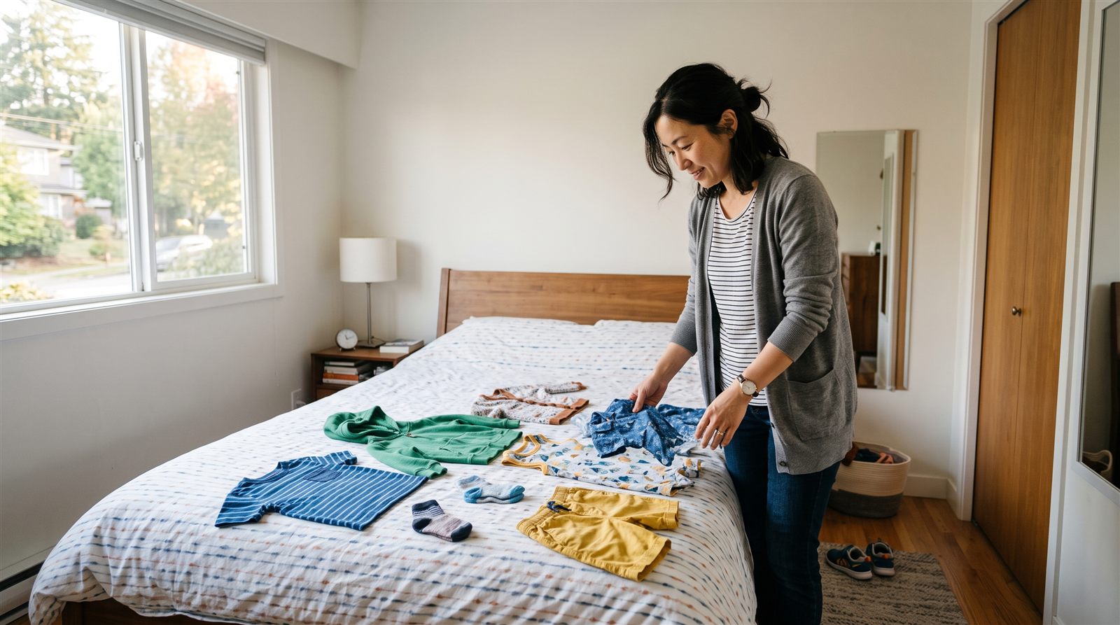 海外の自宅の寝室で、母親が子どもの服をベッドに数着広げて選んでいる
