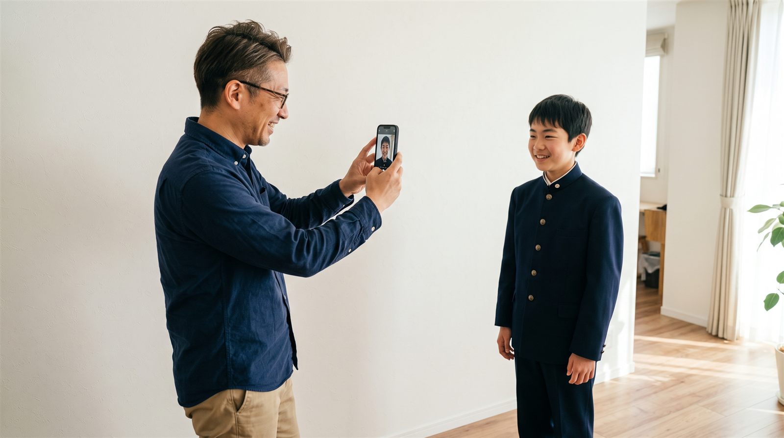 無地の白い壁の前で、父親がスマートフォンで制服姿の中学生の顔写真を撮っている