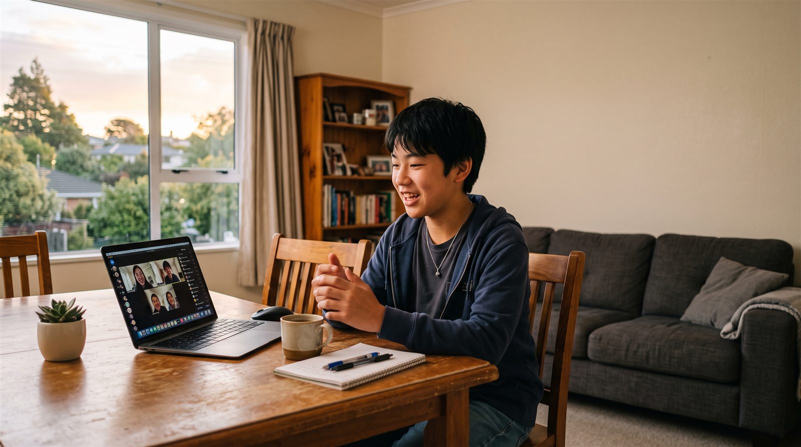海外の自宅のダイニングテーブルで、中学3年生の男子がノートパソコンのビデオ通話の画面に向かって日本語で話している