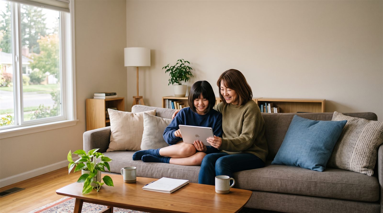 海外の自宅のリビングのソファで、中学生の娘と母親がタブレットを一緒に見ている