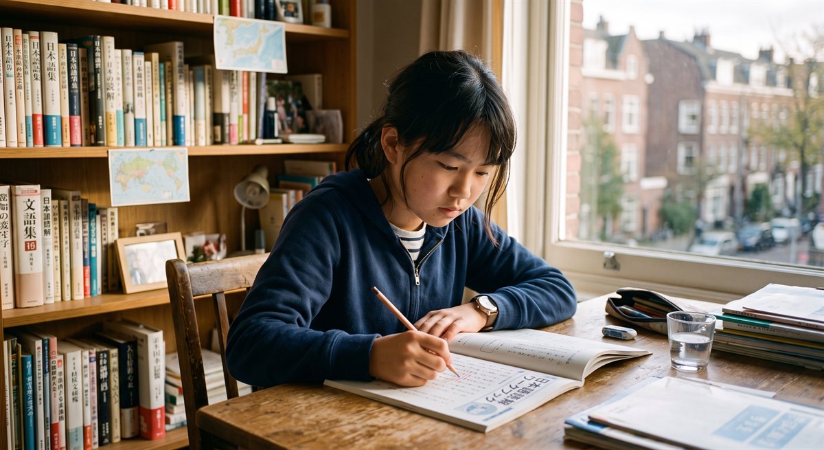 海外の自宅の勉強机で日本語の文章題に取り組む小学6年生