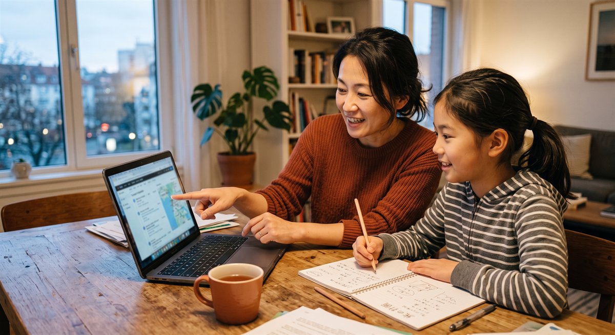日本の学校の募集要項をノートパソコンで確認しながら子どもと話す保護者