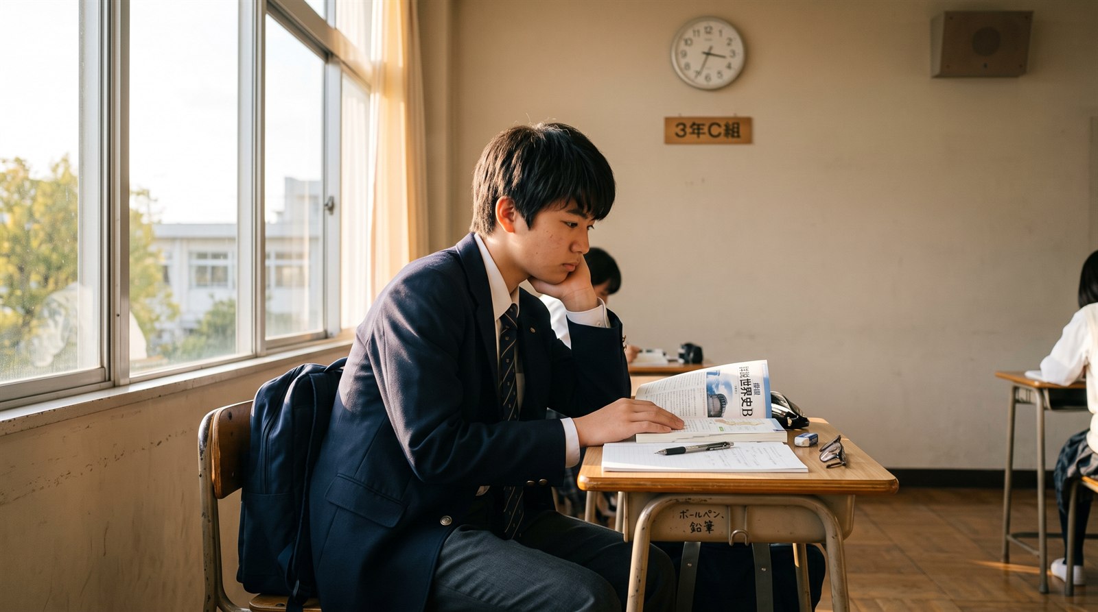 日本の高校の教室で、制服姿の男子生徒が世界史の教科書を開いたまま頬杖をついている