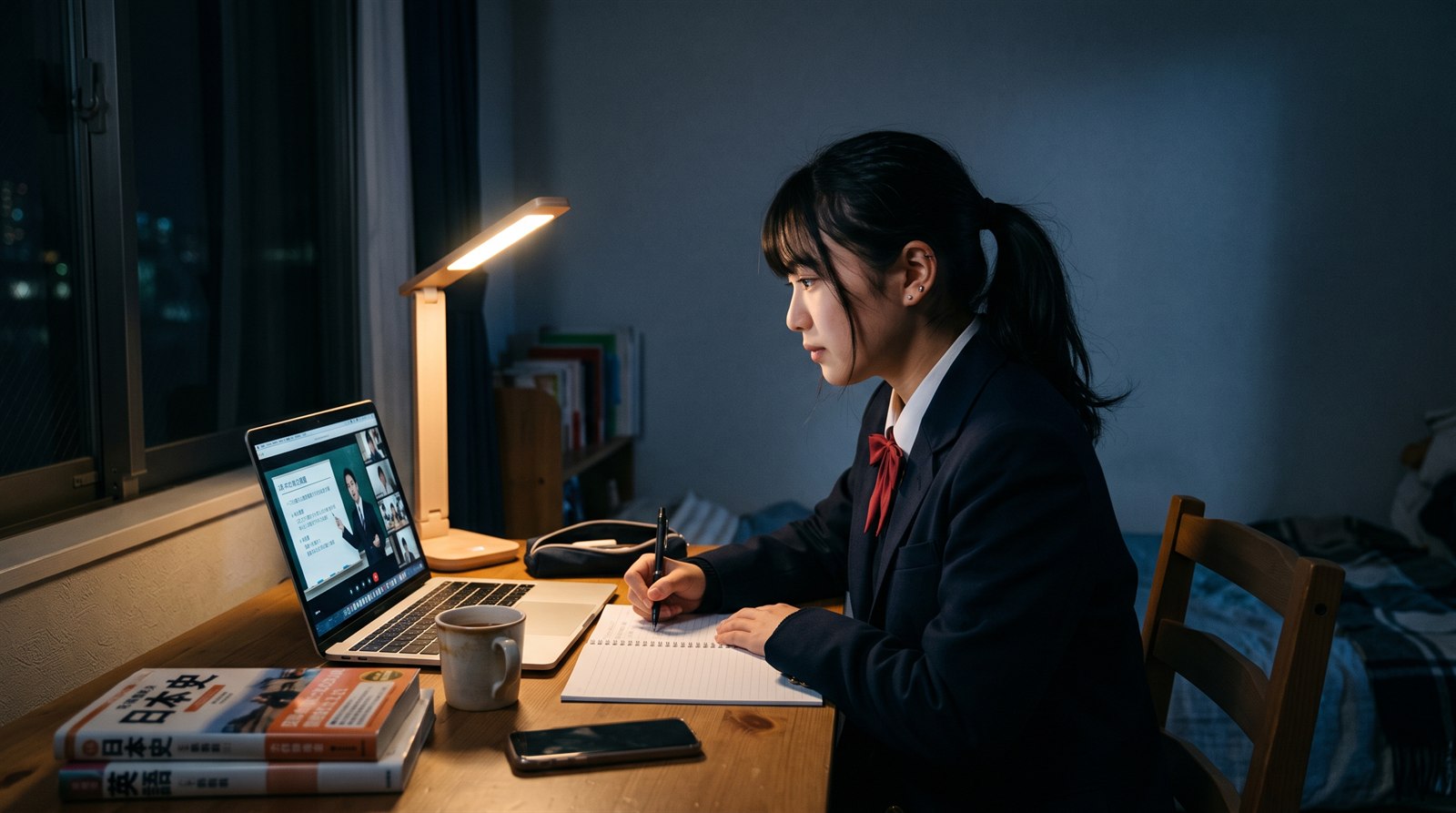 夜の自室の机で、制服姿の女子高校生がノートパソコンのオンライン授業を見ながらノートを取っている