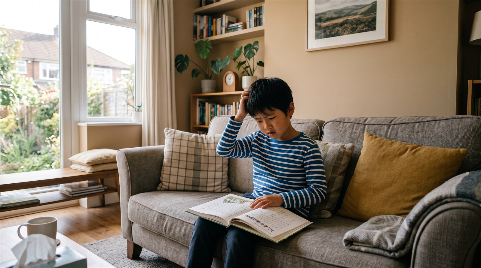 海外の自宅のリビングのソファで、日本人の小学生の男の子が日本語の本を膝に開いたまま頭に手をやって困った表情をしている