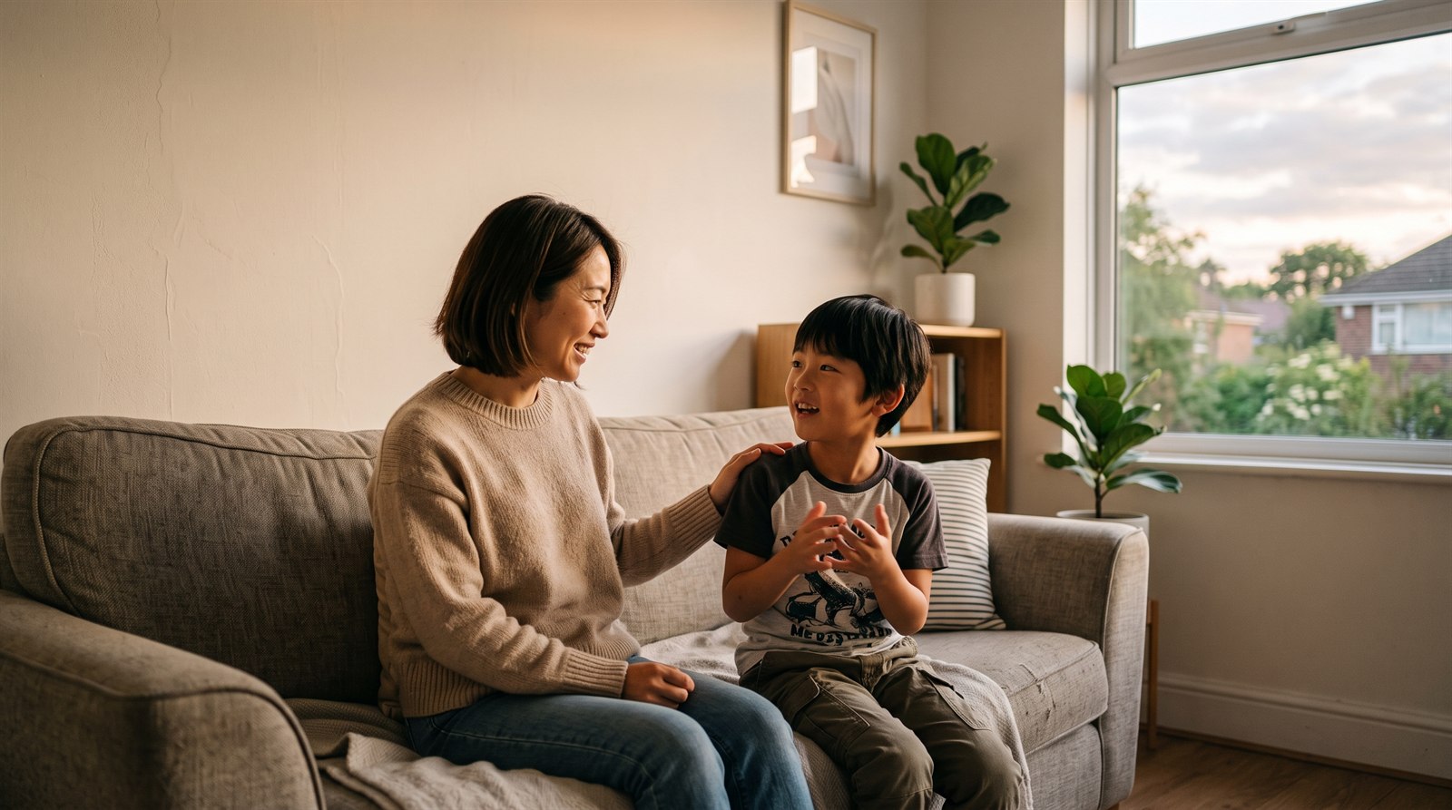 海外の自宅のリビングのソファで、日本人の母親と小学生の男の子が向かい合って笑いながら話している