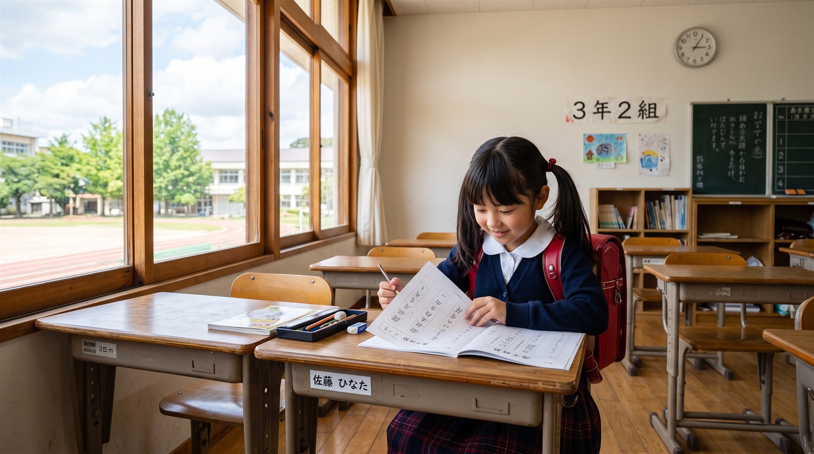 日本の小学校の教室で、ランドセルを椅子にかけた女の子が机に向かい国語のプリントとノートに鉛筆で書いている