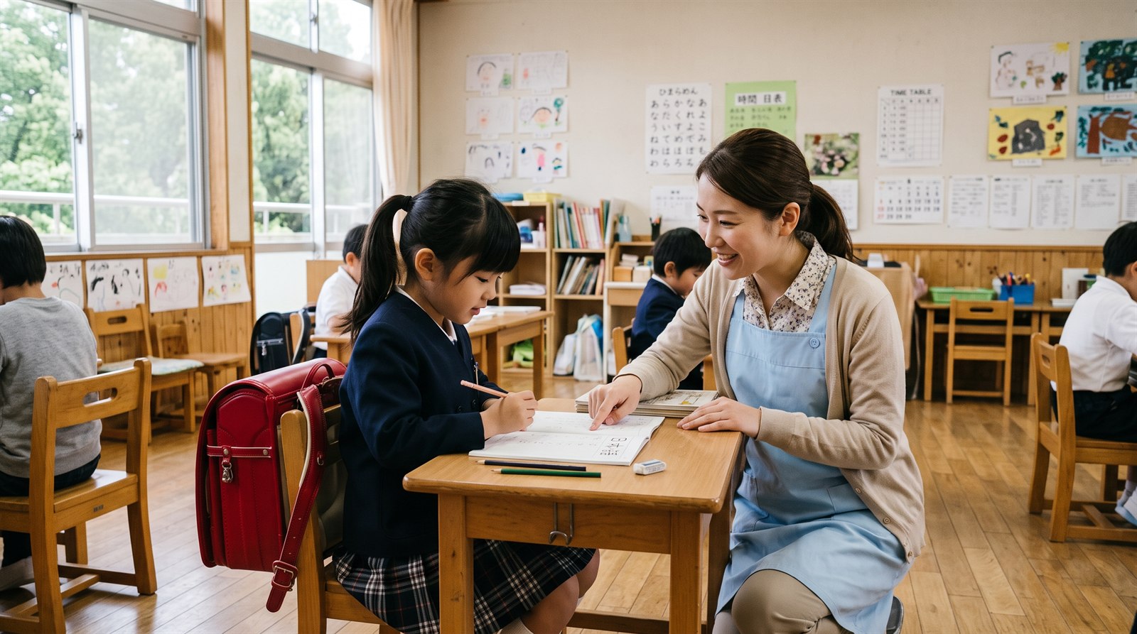 日本の小学校の教室で、女性の先生が女の子の机の横にかがみ、ノートを指さしながら声をかけている