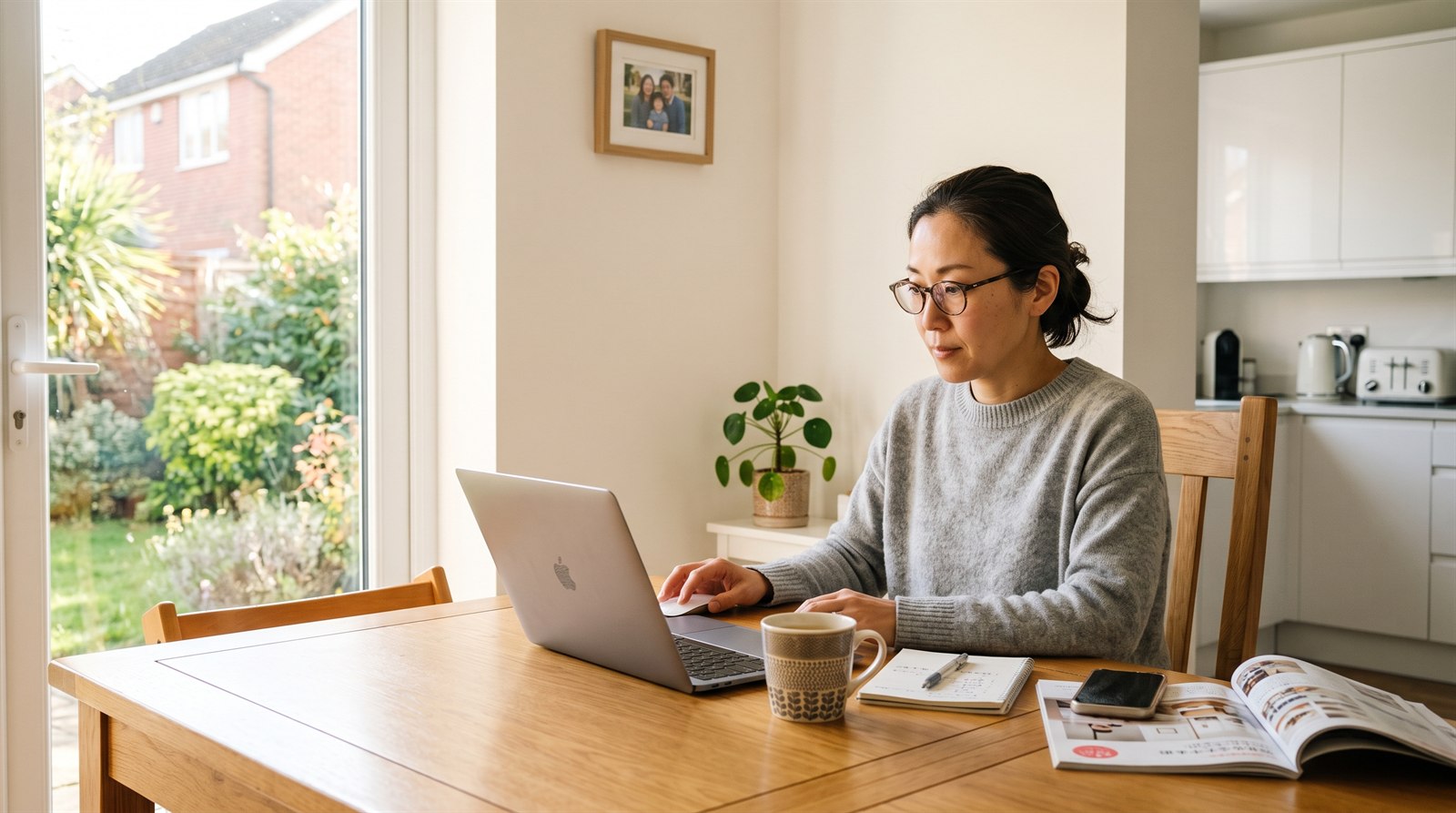 海外の自宅のダイニングで、日本人の母親がノートパソコンで日本語の学校を調べている。傍らに日本語の冊子が開いてある
