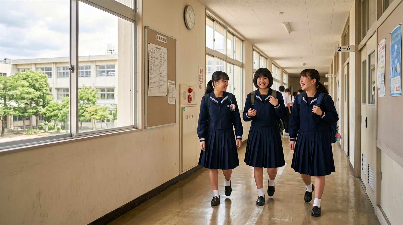 日本の中学校の校舎の通路で、セーラー服の女子中学生3人が笑いながら並んで歩いている