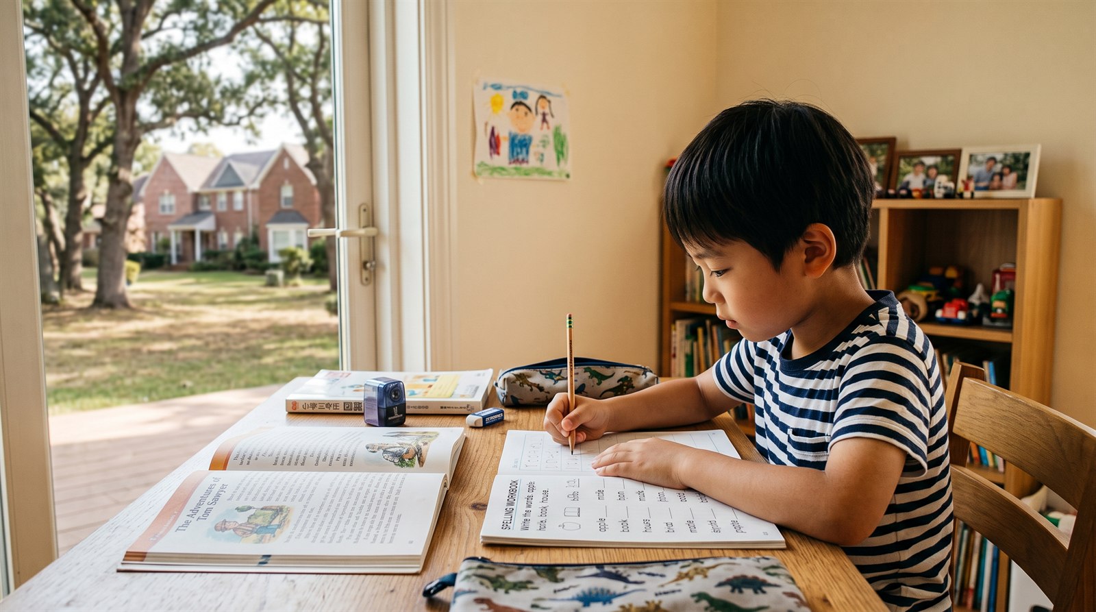 海外の自宅のダイニングで、日本人の小学生の男の子が英語のワークブックに書き込んでいる。机には英語の本と日本の教科書が並ぶ