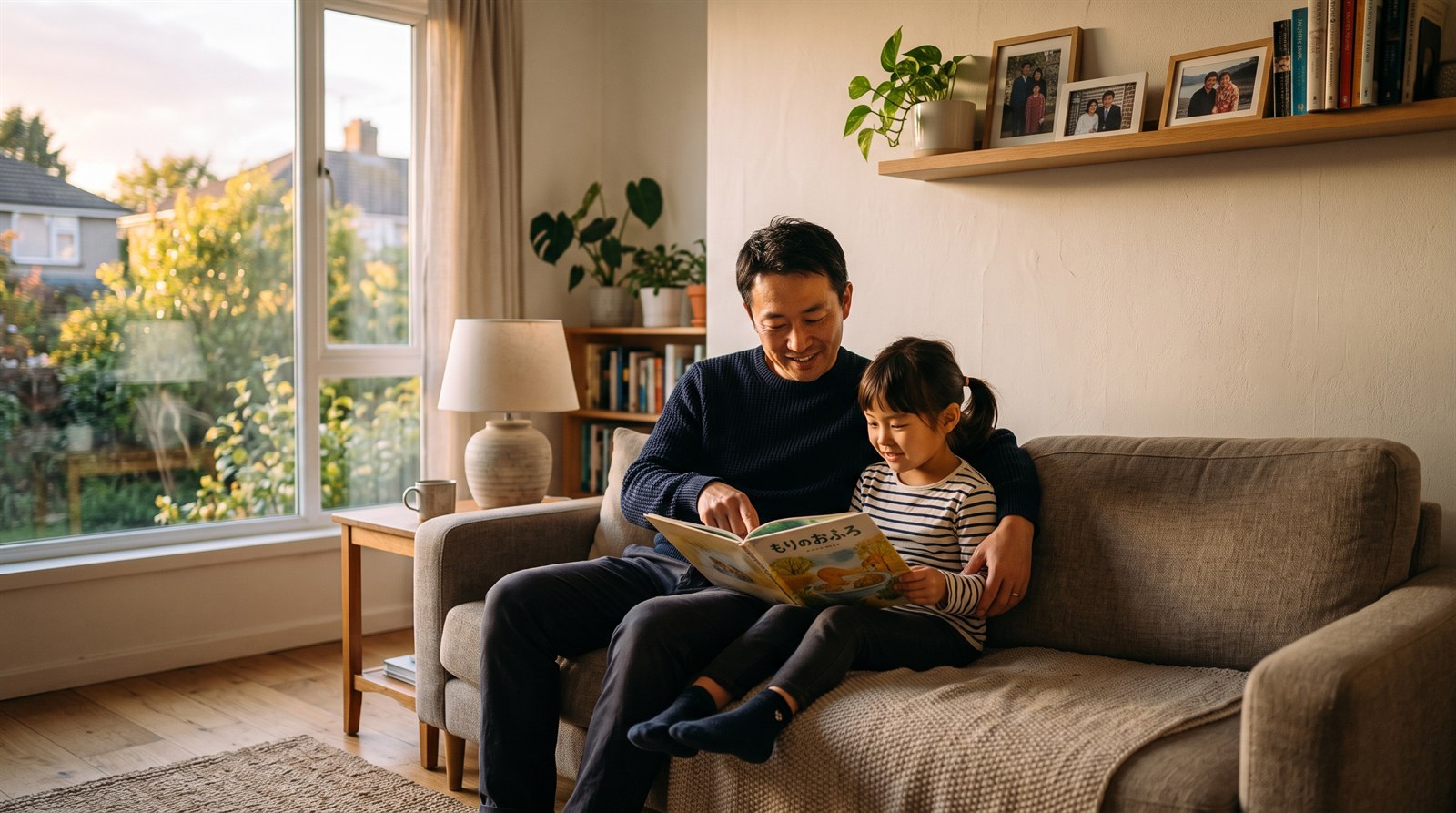 海外の自宅のリビングのソファで、日本人の父親と幼い娘が日本語の絵本を一緒に読んでいる