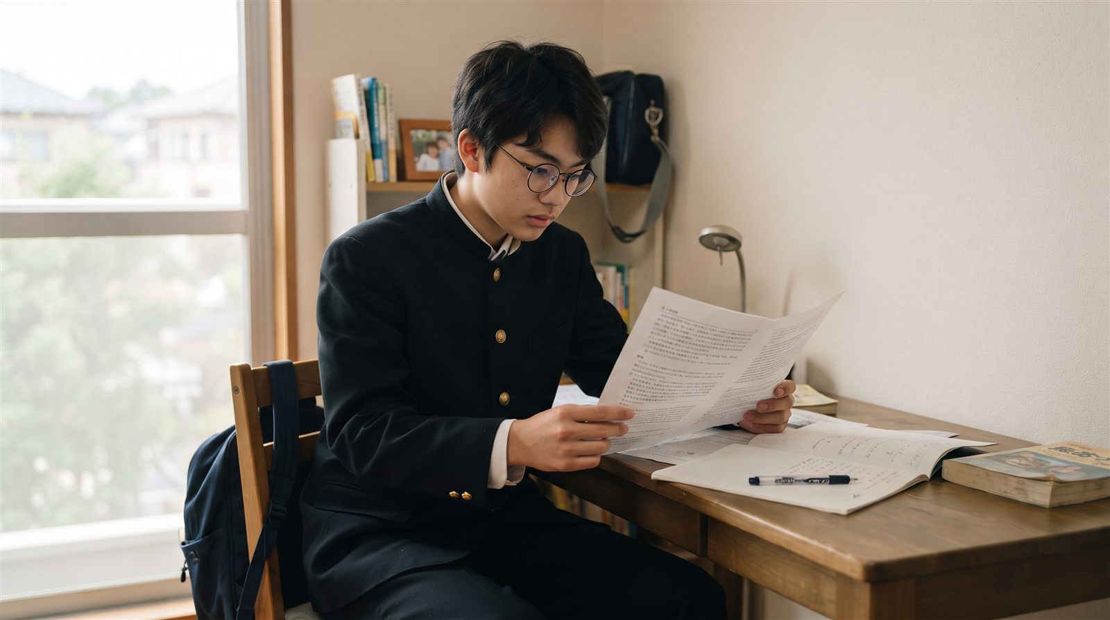 学生服の男子高校生が、窓辺の机で印刷した募集要項を両手に持って読んでいる