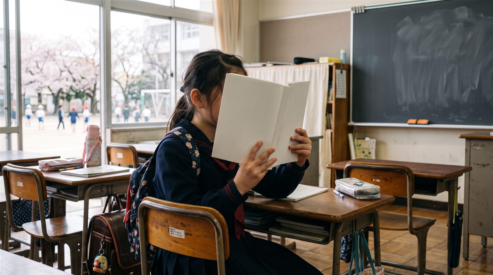 日本の小学校の教室で国語の教科書を開いて音読している児童