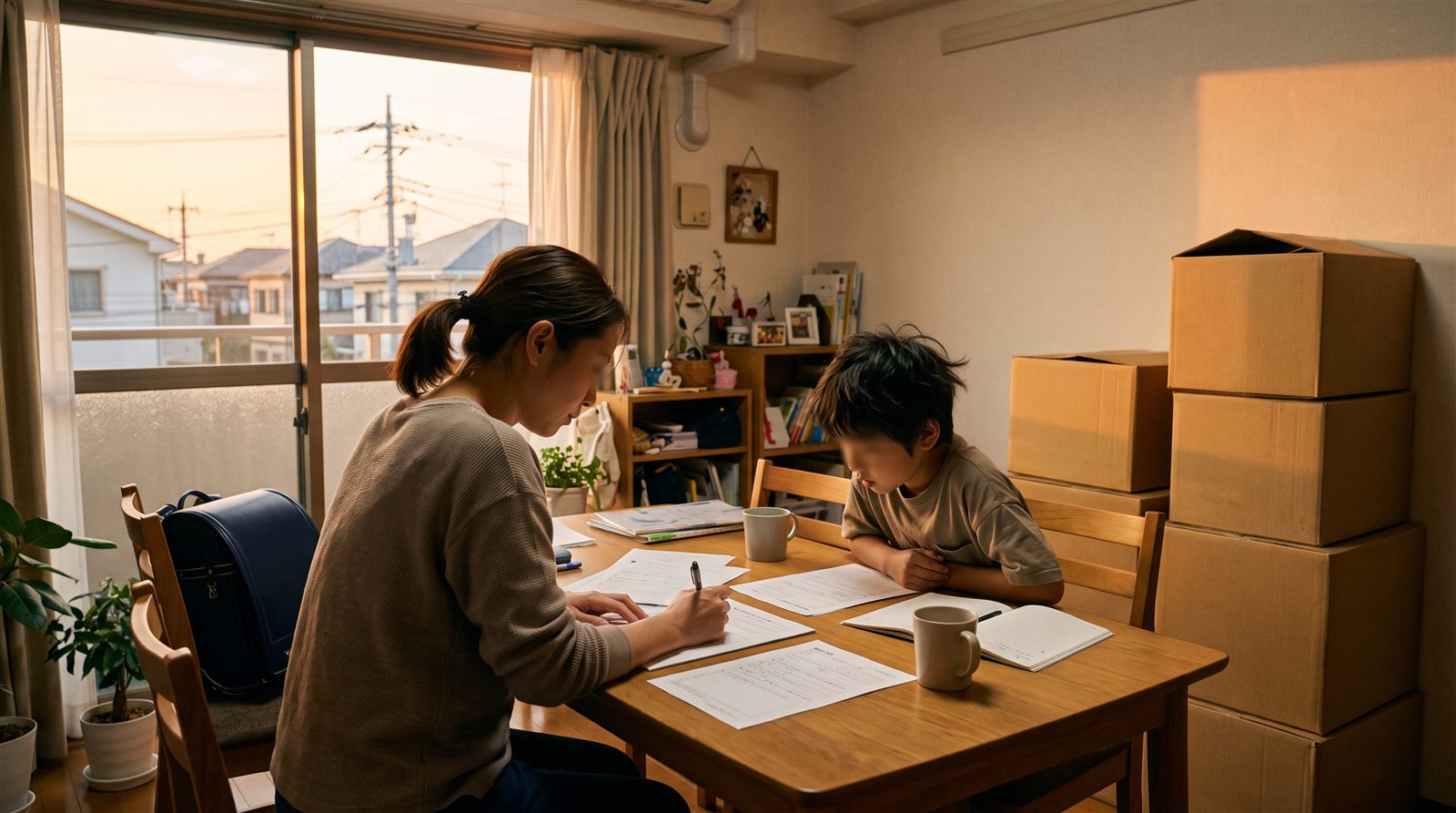 海外から帰国したばかりの家庭で学校に出す書類を確認している親子