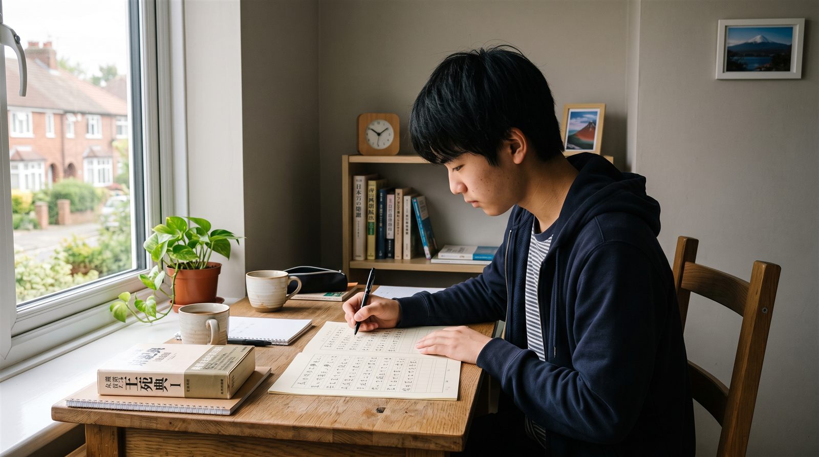 海外の自宅の窓辺の机で、日本人の男子高校生が日本語の作文用紙に鉛筆で書いている