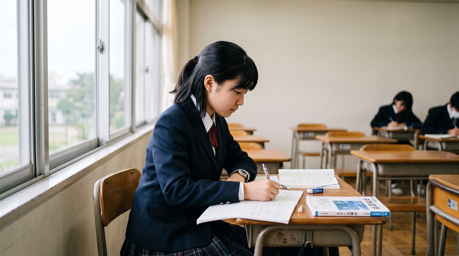日本の中学校の教室で、制服姿の生徒が机に向かってノートに書いている