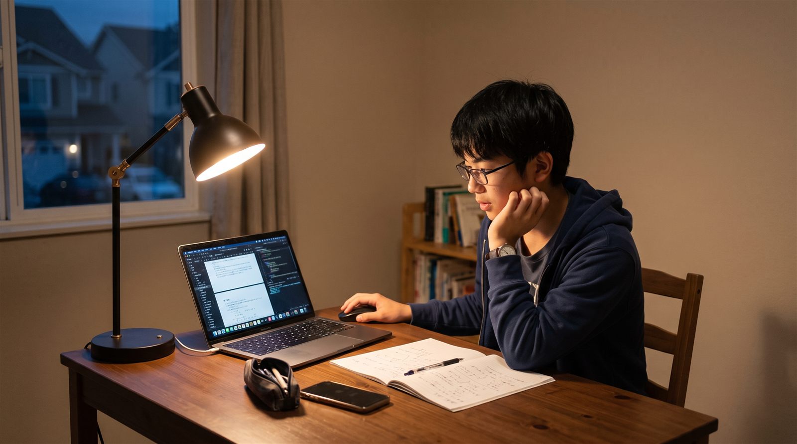 夜、海外の自宅の部屋でデスクライトをつけ、高校生がノートパソコンで日本の大学の入試情報を調べている