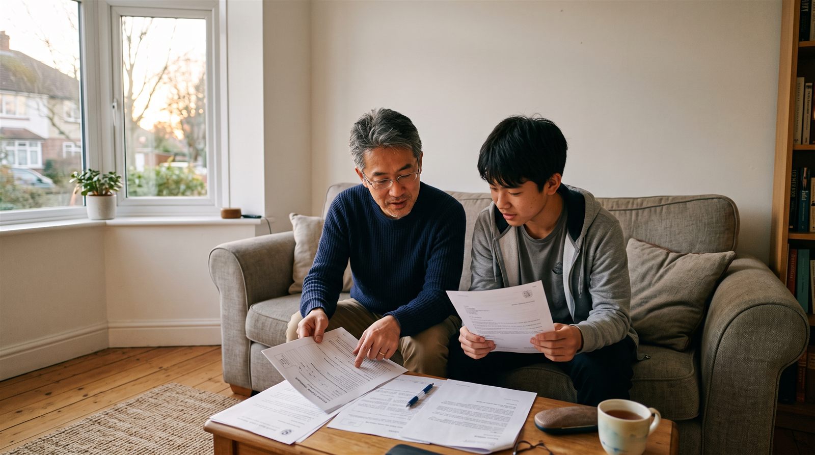 海外の自宅のリビングのソファで、保護者と高校生が紙の募集要項を並んで読んでいる