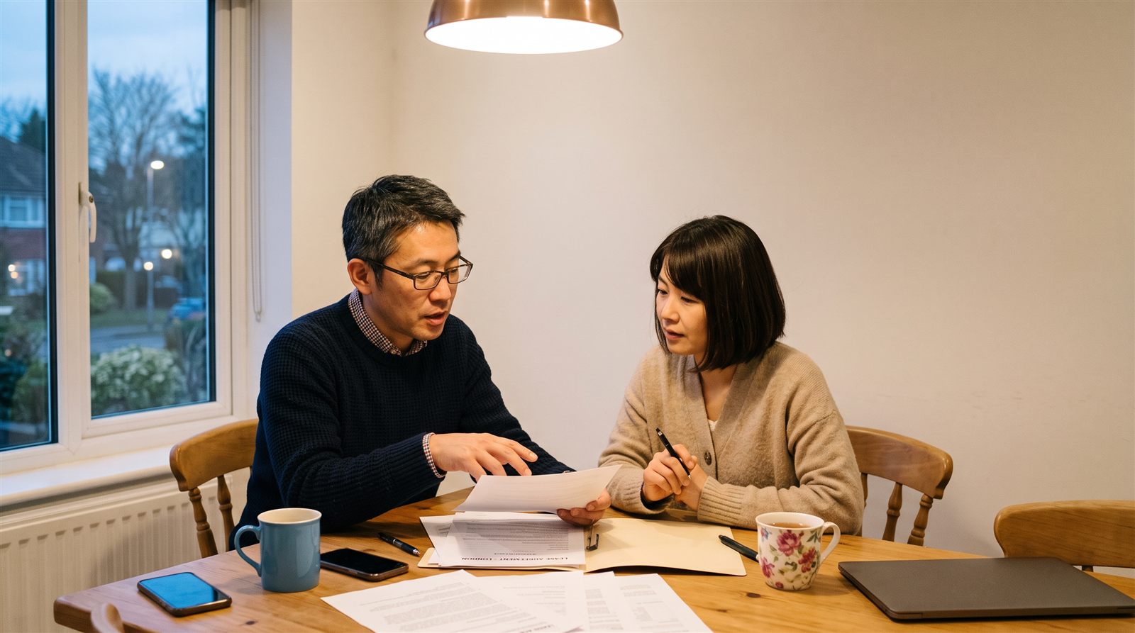 海外の自宅のテーブルで、夫婦が書類を広げて子どもの学校について話し合っている