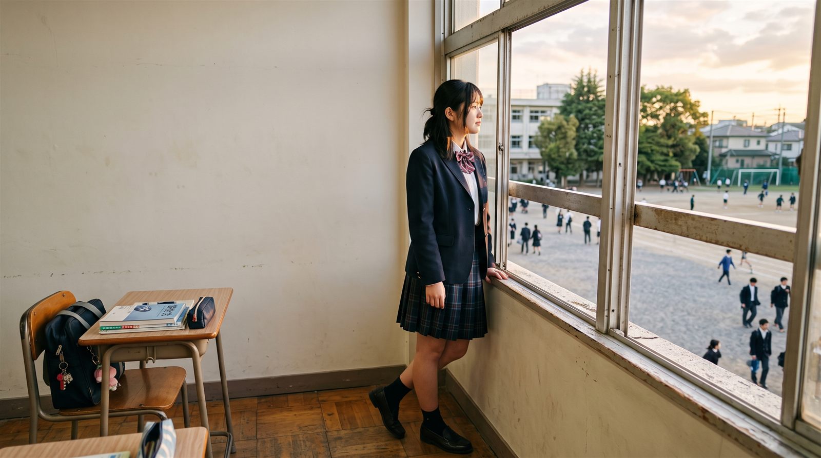 制服姿の高校生が、日本の学校の窓際に立って校庭を眺めている