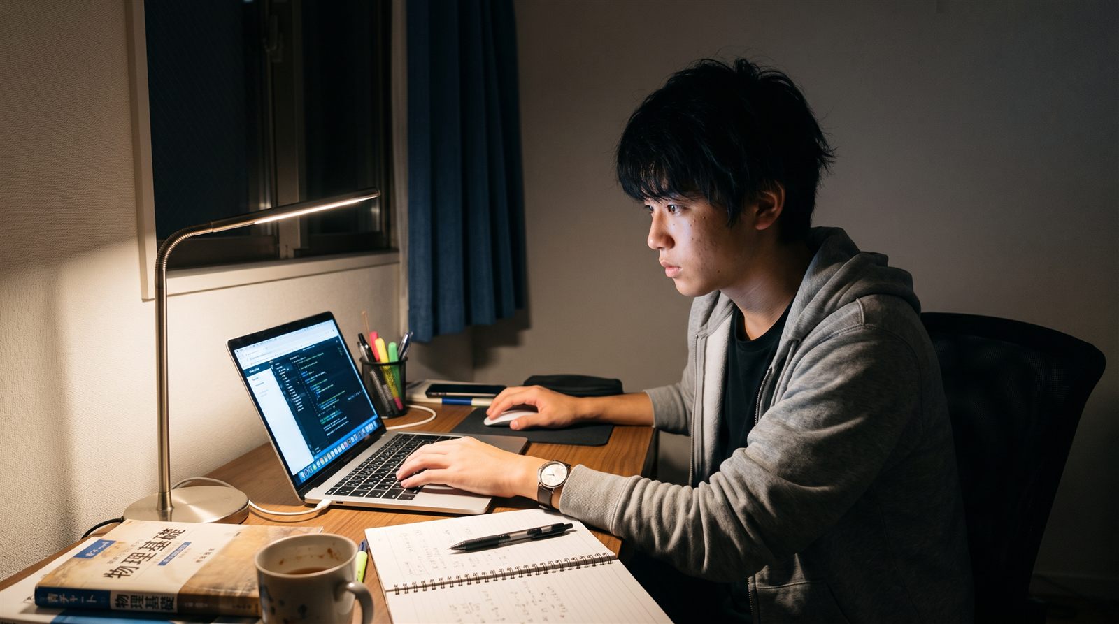 高校生が自分の部屋の机で、ノートパソコンの画面を見ながら学校を調べている