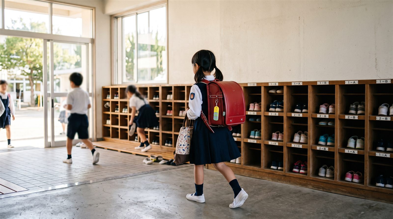 ランドセルを背負った小学生が、日本の小学校の下駄箱の前を歩いている