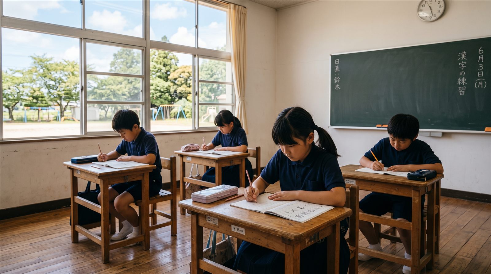 日本の小学校の教室で、児童が机に向かってノートに書いている
