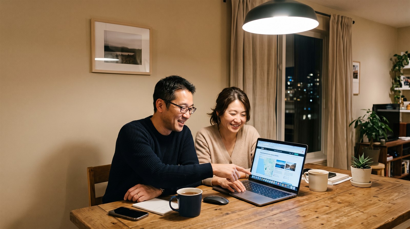 夜のダイニングで、日本人の夫婦がノートパソコンの画面を一緒にのぞき込んで笑っている