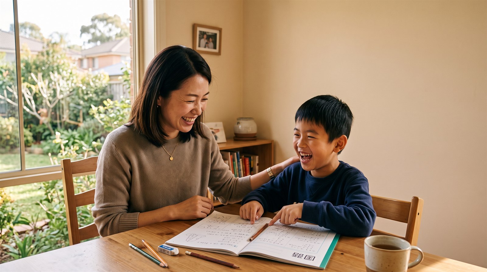 海外の自宅のダイニングで、日本人の母親と小学生の男の子が国語のノートを開いて笑い合っている