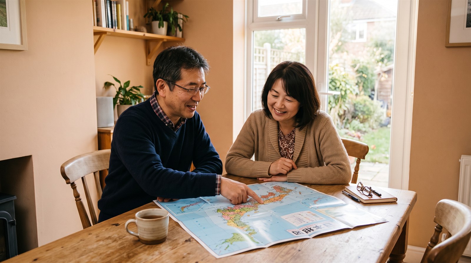 海外の自宅のダイニングで、日本人の父親と母親が地図を広げて帰任先について話し合っている