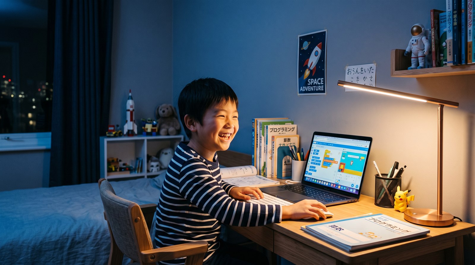 夜の子ども部屋の机で、日本人の小学生の男の子がノートパソコンに向かって笑っている