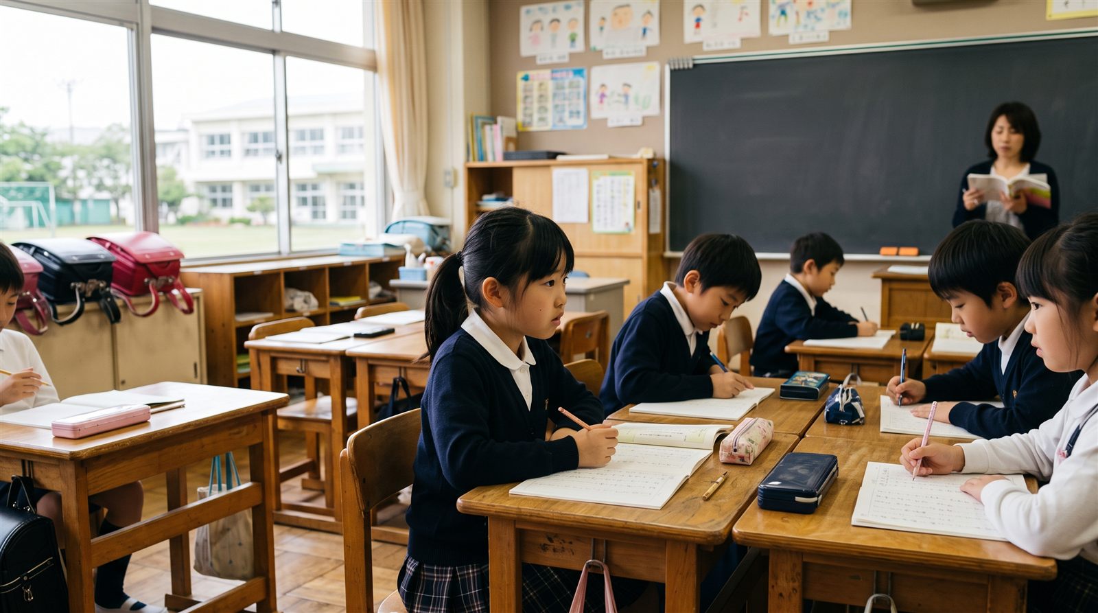 日本の公立小学校の教室で、帰国したばかりの児童が同級生と一緒に国語の授業を受けている様子