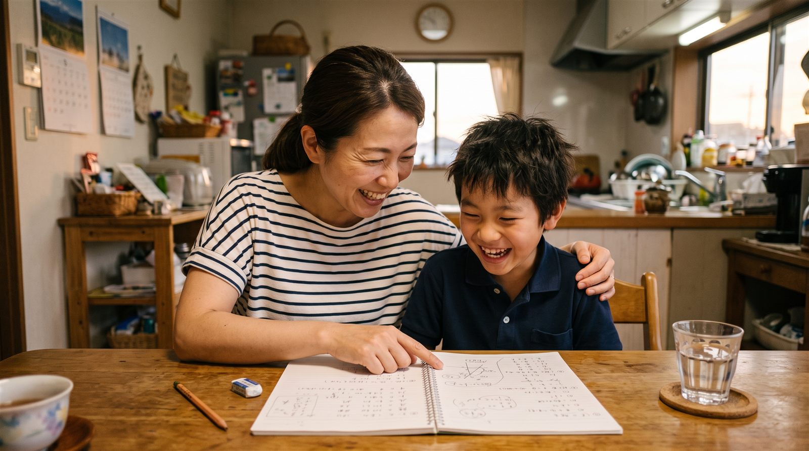 日本の家の食卓で、母親と子どもが一冊のノートを一緒にのぞき込んで笑い合っている様子