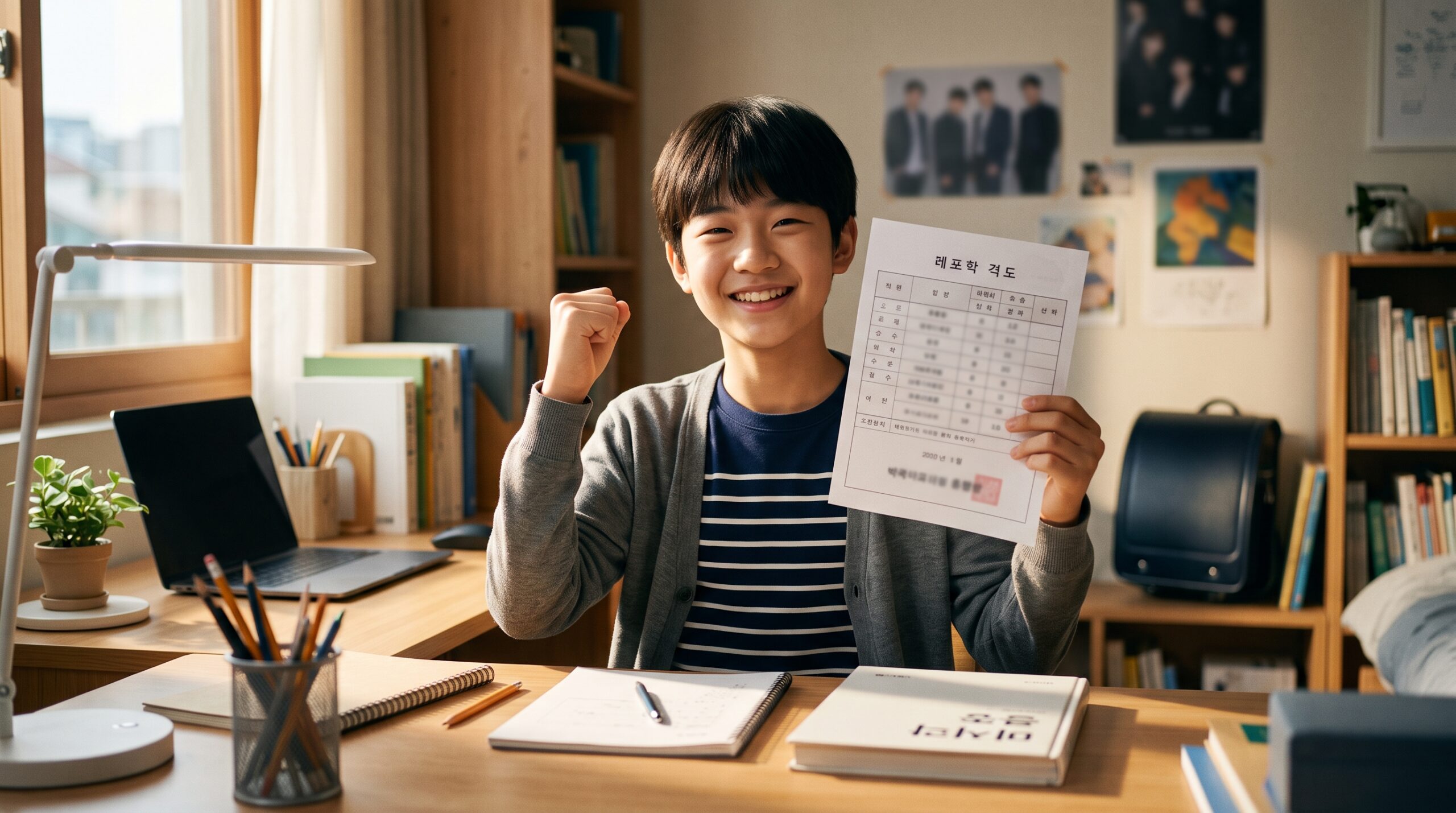 한국 중학생이 자기 방 책상에서 성적표를 보며 미소 짓는 모습