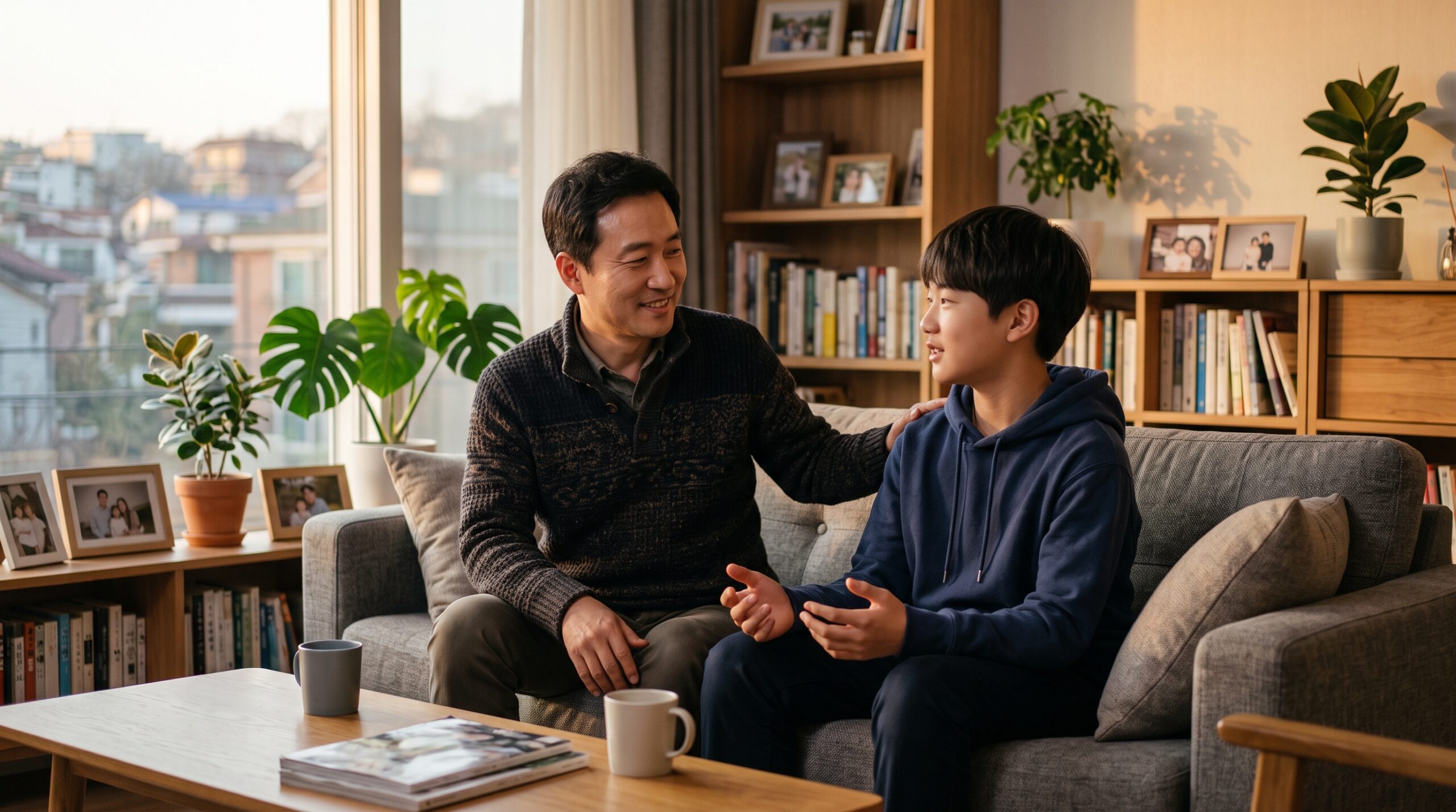 한국 아버지와 중학생 아들이 거실에서 진로에 대해 이야기하는 모습