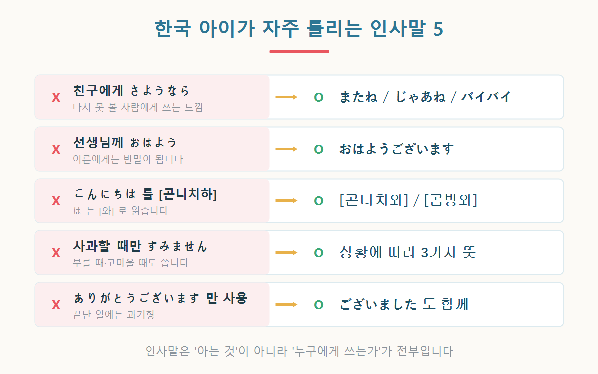 さようなら와 またね의 구분 등 한국 아이가 자주 틀리는 일본어 인사말 5가지 비교 그래픽