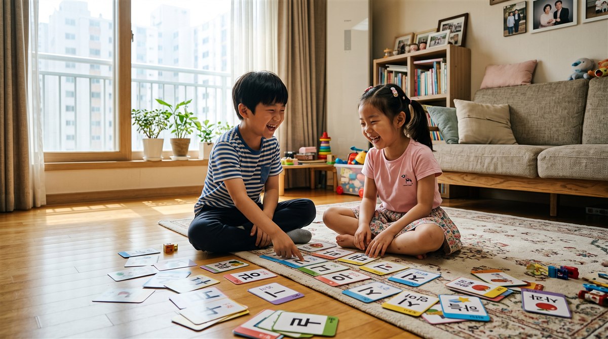 거실 소파에서 아이와 함께 일본어 한자 교재를 펼쳐 보는 한국 어머니