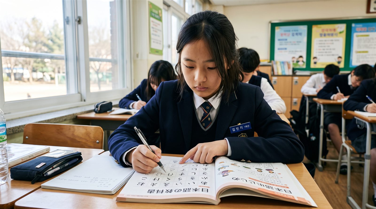 한국 중학생이 교실 책상에서 일본어 교과서를 펼쳐 히라가나 페이지를 보며 공부하는 모습